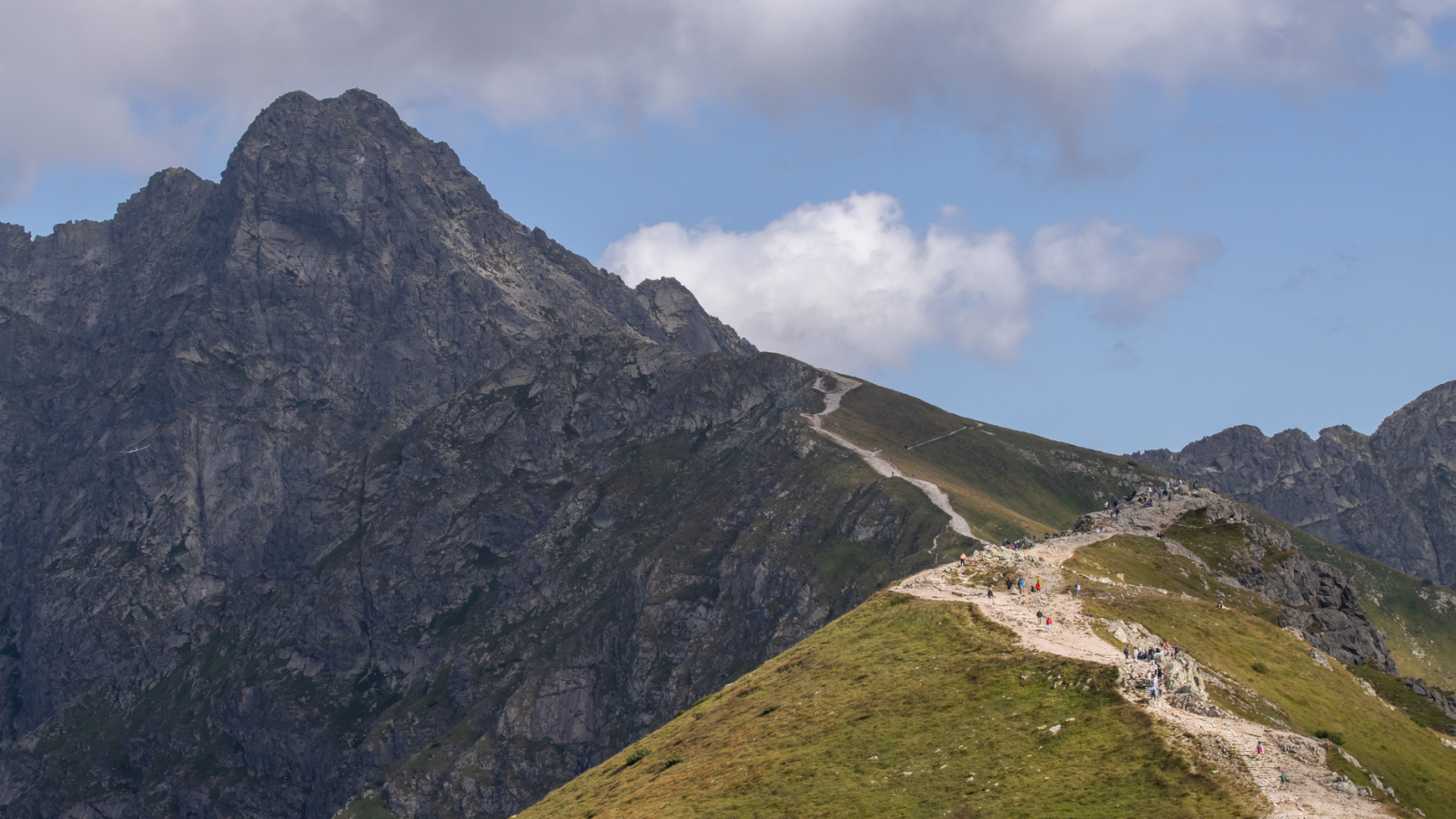 Scenic view of hikers on a trail in the Tatra Mountains, Zakopane.