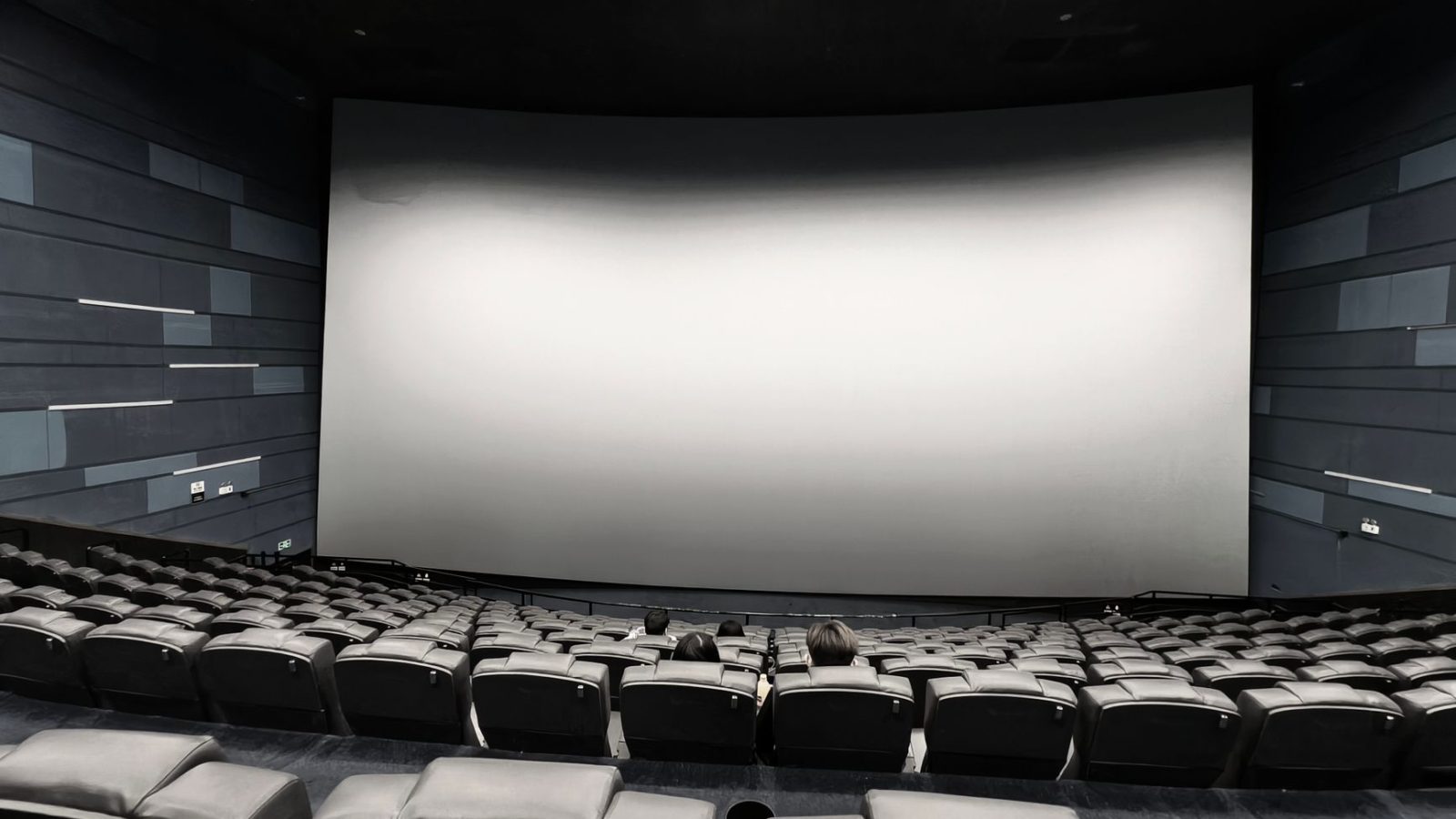 Spacious empty movie theater with a few people seated and a large blank screen.